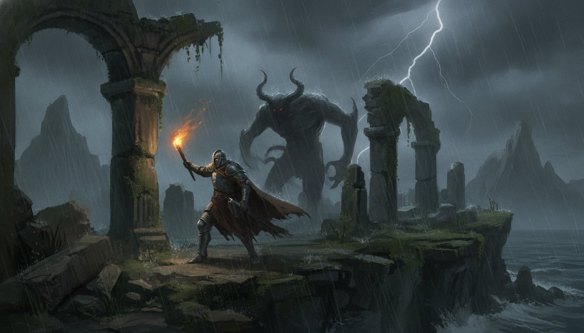 An armoured adventurer facing a stone troll in ruins