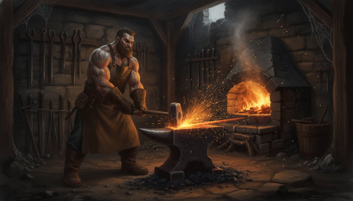 A blacksmith hammering steel at a seaside forge