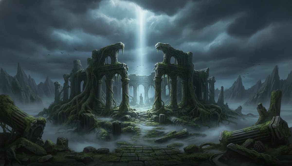 Overgrown temple ruins on a jungle isle