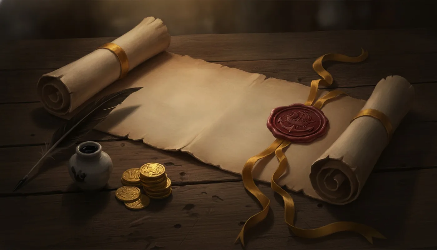 A sealed charter scroll, gold ribbon, quill and gold coins on a dark oak table