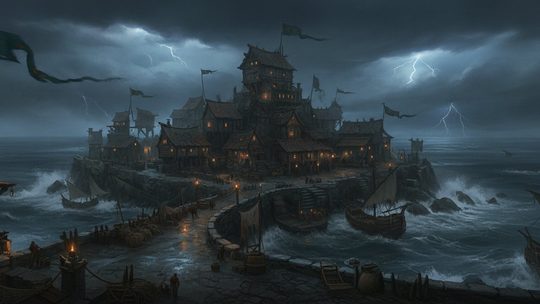 A lantern-lit island harbour town at dusk