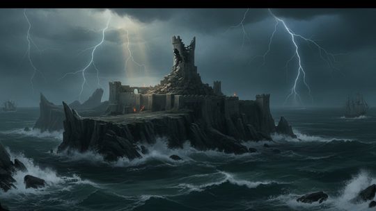 A storm breaking over an ancient watchtower on a rocky isle