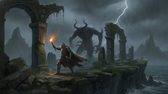 An armoured adventurer facing a stone troll in ruins