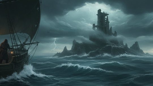 A ship approaching a storm-wracked island keep